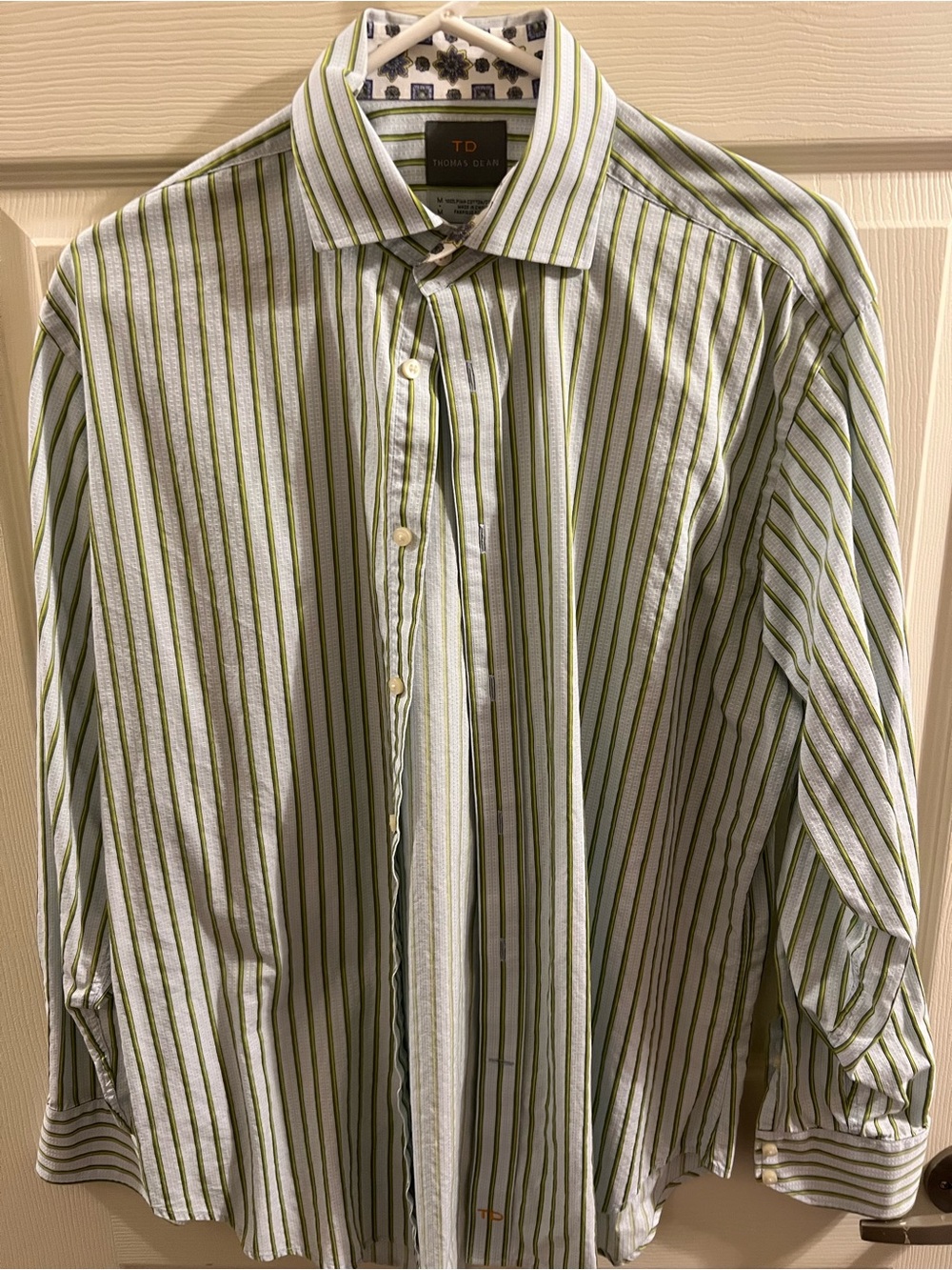 Thomas Dean White Button-Front Shirt with Green Stripe